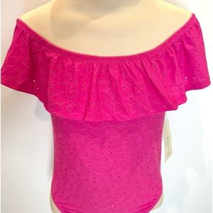eye candy Pink Eyelet Bodysuit Off The Shoulder Ruffle Snap Closure Size Large